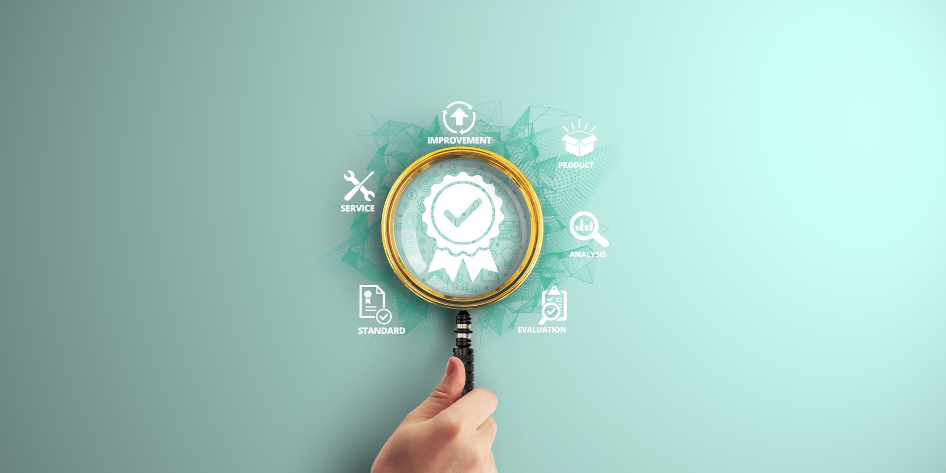 Standard ISO quality control assurance standardization certification. Magnifier focus to Digital marketing icon.
